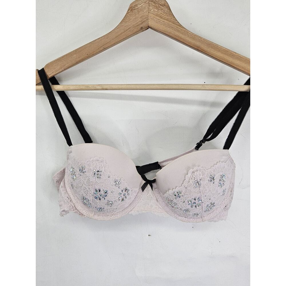 Lace-Embellished Light Pink Push-Up Bra with Black Straps